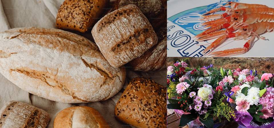 collage photo of fresh bread, langoustines and fresh flowers